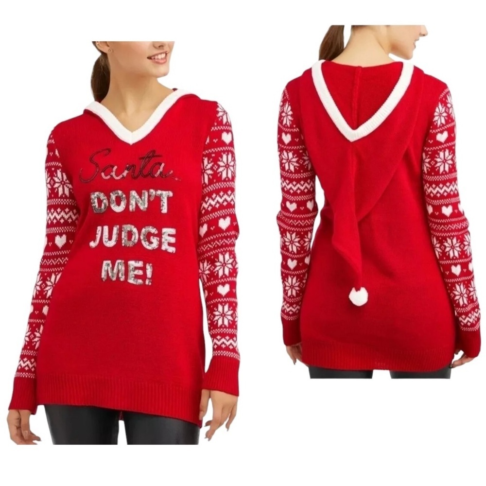 Women’s Red Ugly Christmas Hoodie Sweater “Santa Don't Judge Me!" Sequins XXL